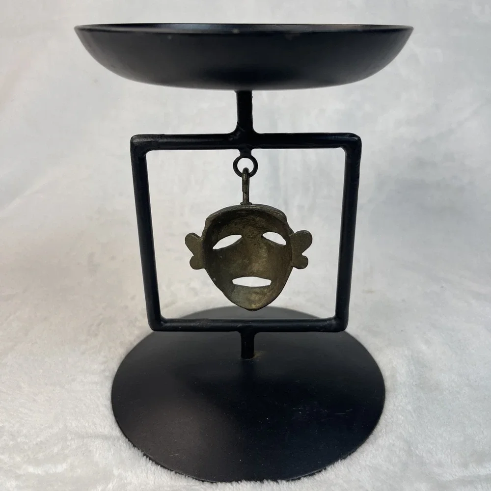 Black Metal Candle Holder Trinket Dish with Brass African Mask 6